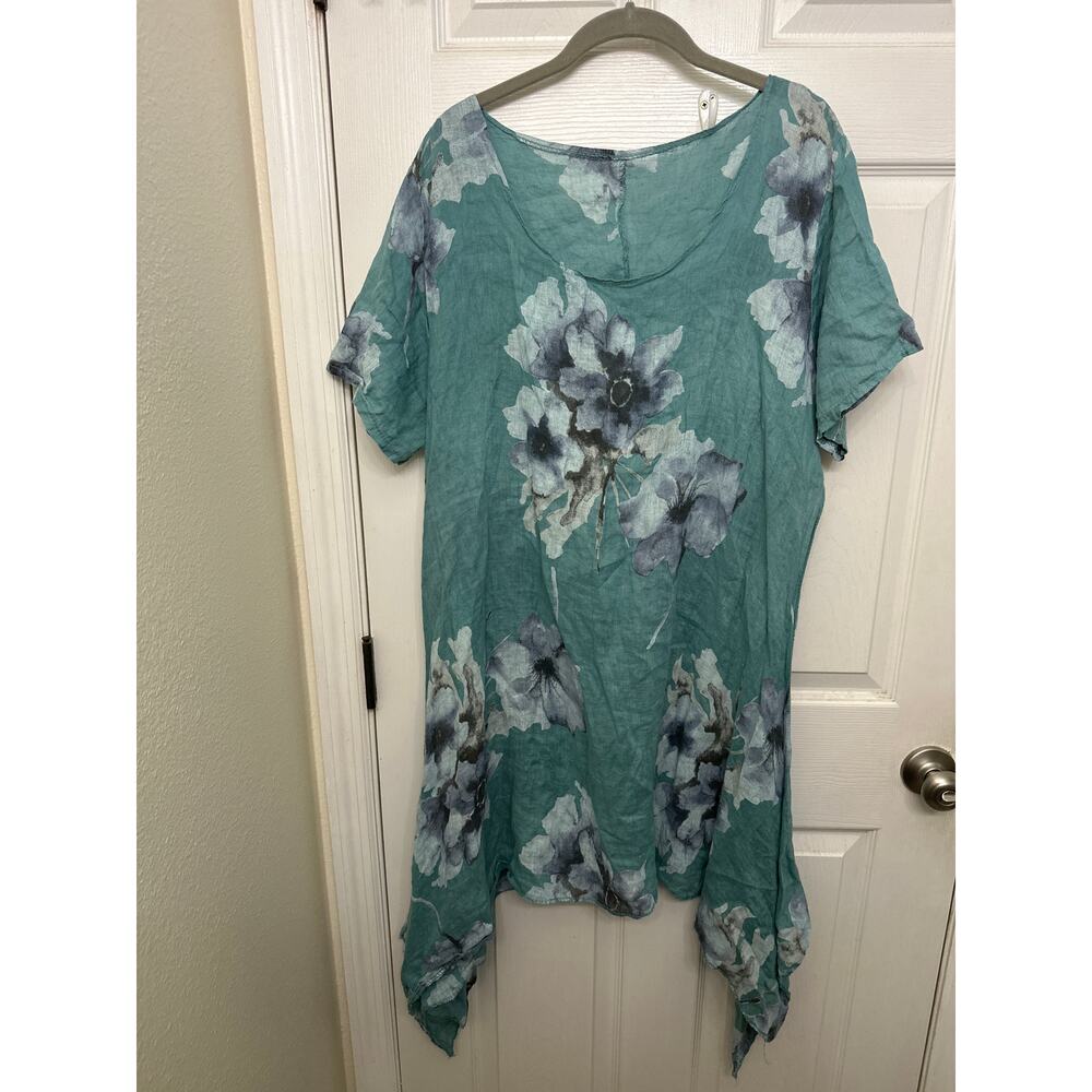 Women’s 100% linen teal floral poncho swim coverup size large made in Italy